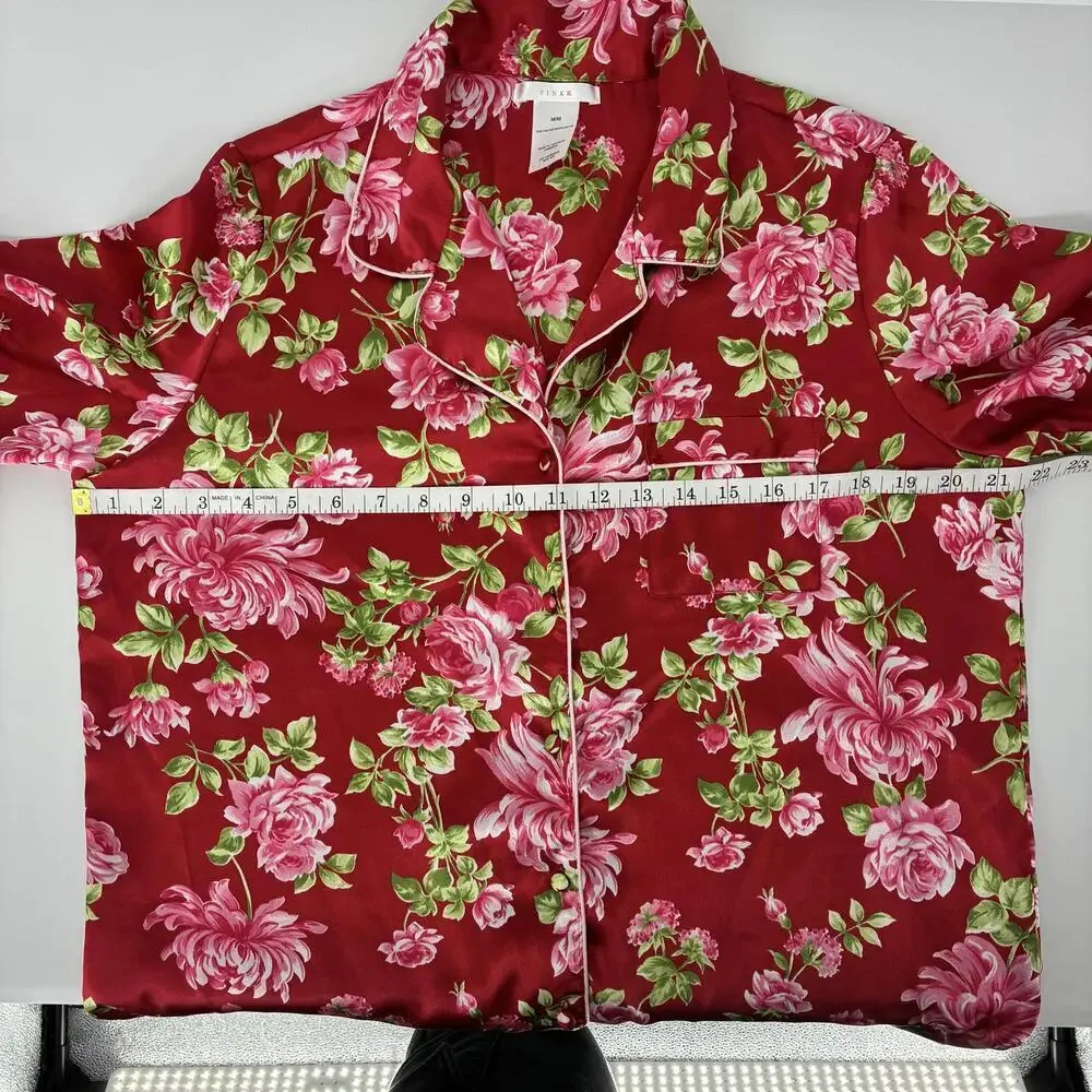 PINK Red Pink Roses Floral Print Satin Silky Long Sleeve Pants Pajama Set